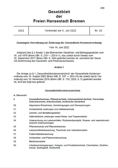 Bild zeigt erste Seite der Gebührenverordnung